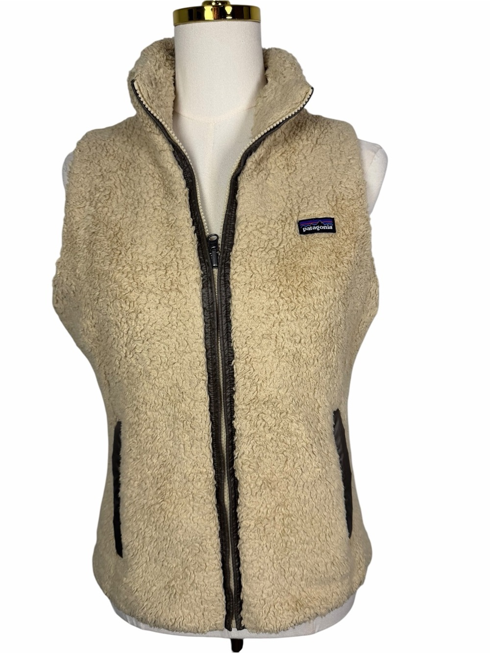 PATAGONIA Los Gatos Reversible Biege/Brown Sherpa/Nylon Full-Zip Vest Women's S